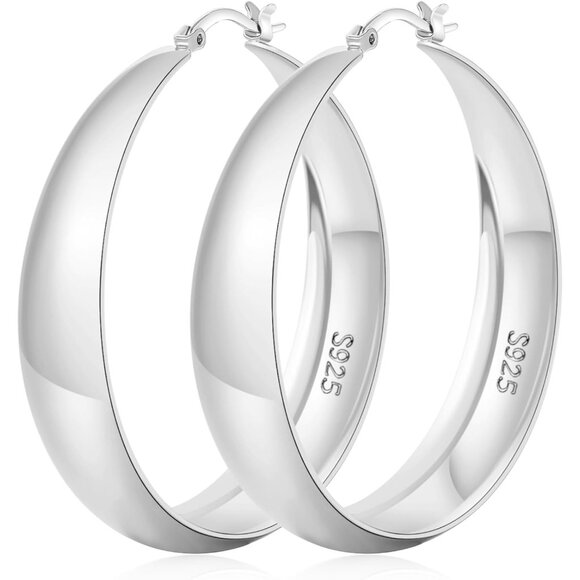 Women's Lightweight Plated Sterling Thick Hoop Silver Chunky Large Earrings - Picture 1 of 7